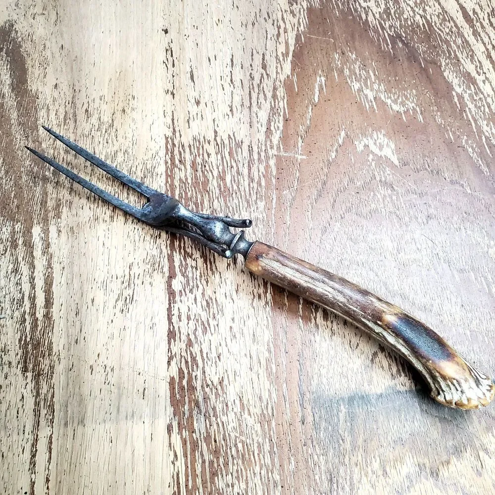 Antique Stag Antler Handle Meat Carving Serving Fork with Built-in Stand